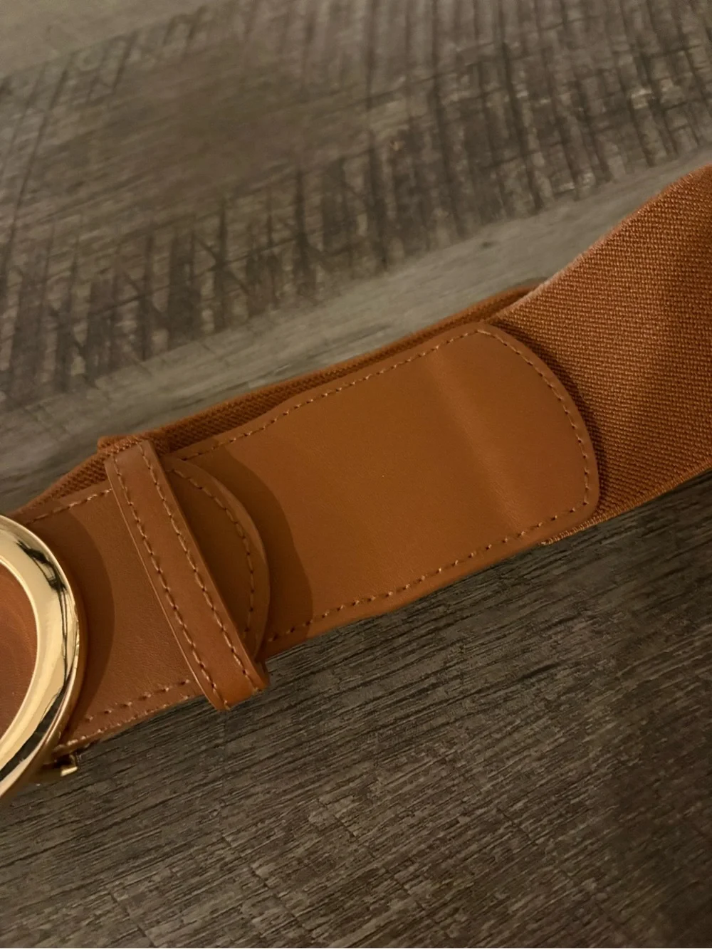 Gold Double Ring Buckle Tan Leather Expanding Waist Belt